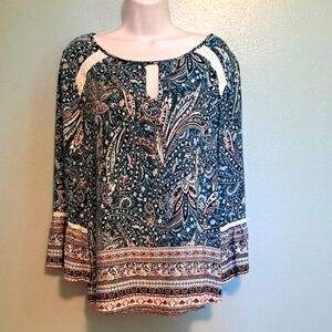 Boho Paisley Top Teal Coral Large Bell Sleeves Lightweight